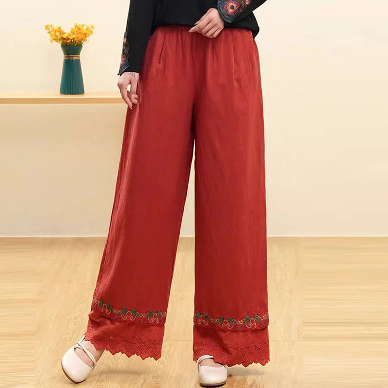 Buddha Stones Casual Embroidered Lace Cotton Linen Women's Wide Leg Pants With Pockets