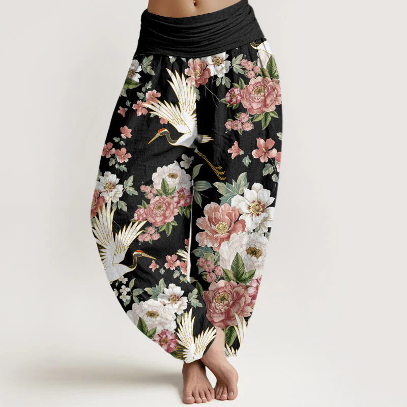 Buddha Stones Casual Cranes Blooming Peony Pattern Women's Elastic Waist Harem Pants
