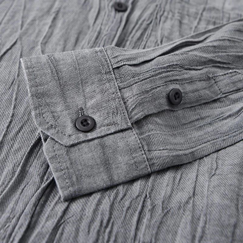 Buddha Stones Retro Pleats Buttons Men's Long Sleeve Ramie Linen Shirt With Pockets
