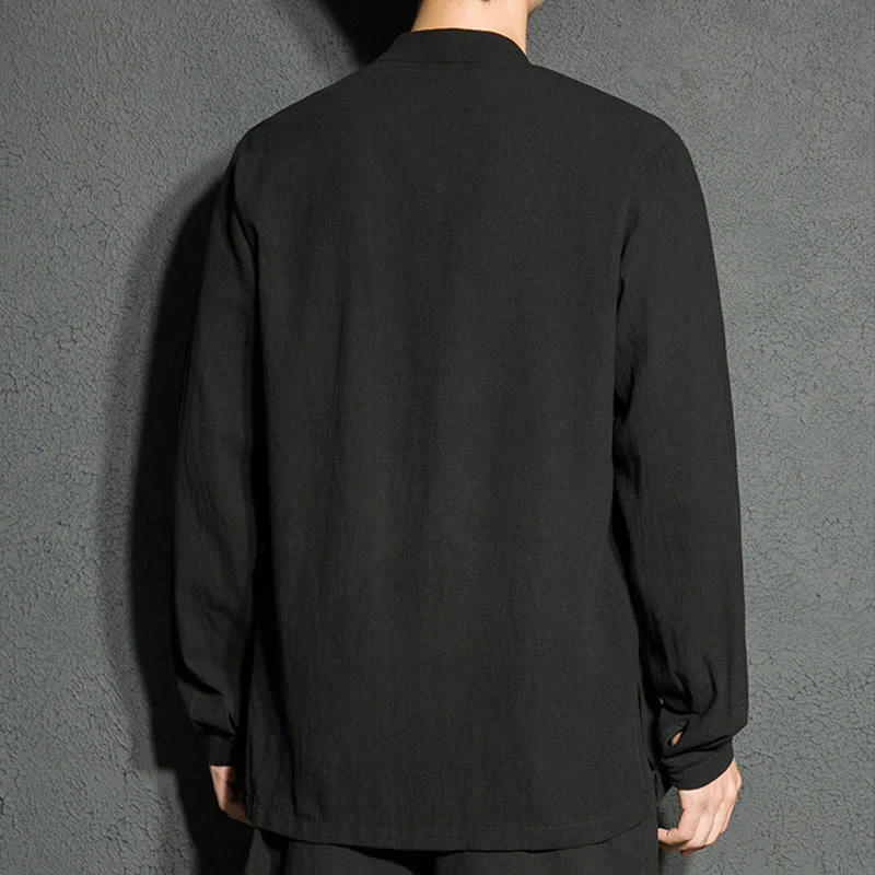 Buddha Stones Plain Zipper Chinese Frog-Button Cotton Long Sleeve Men's Shirt