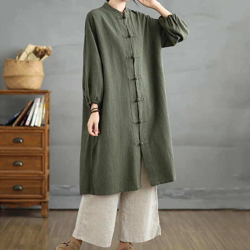 Buddha Stones Casual Frog-button Women's Cotton Linen Coat With Pockets