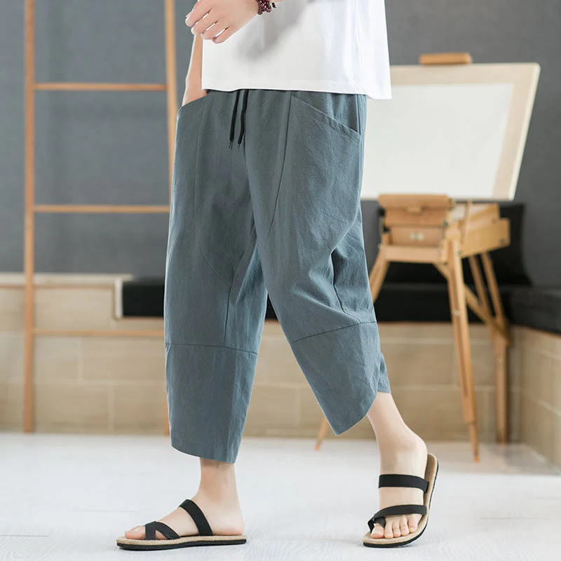 Buddha Stones Summer Men's Solid Color 7-8 Length Cotton Linen Drawstring Pants With Pockets