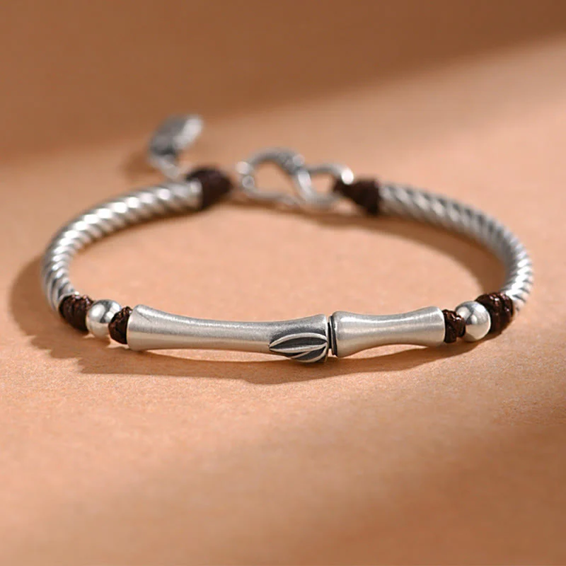 Buddha Stones 999 Sterling Silver Bamboo Pattern Cicada Luck Wealth Bracelet