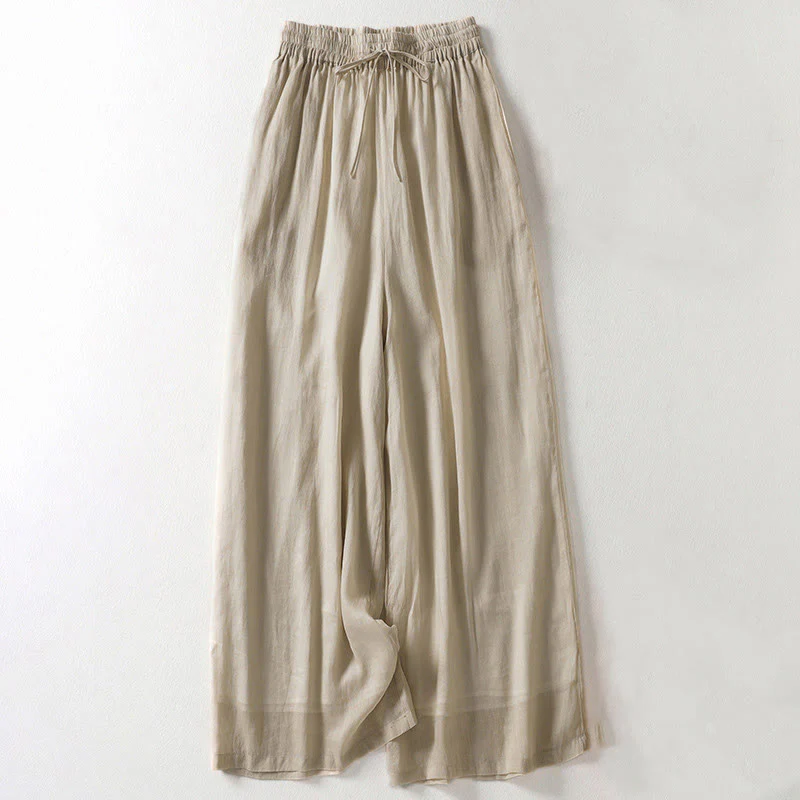 Buddha Stones Casual Drawstring Cotton Linen Ankle-Length Women's Wide Leg Pants With Pockets
