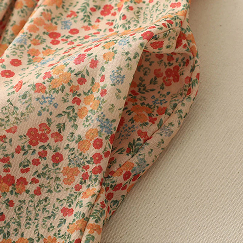 Buddha Stones Casual Floral Lace Crew Neck Balloon Long Sleeve Cotton Linen Midi Dress With Pockets