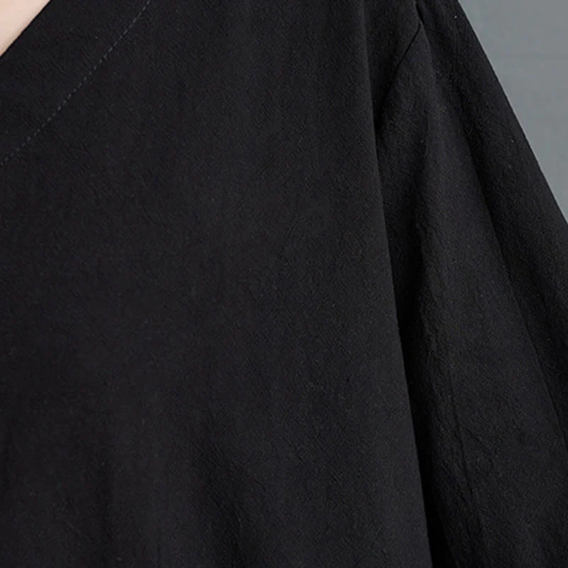 Buddha Stones Fall Casual Simple Design Long Sleeve Cotton Linen Maxi Dress With Pockets