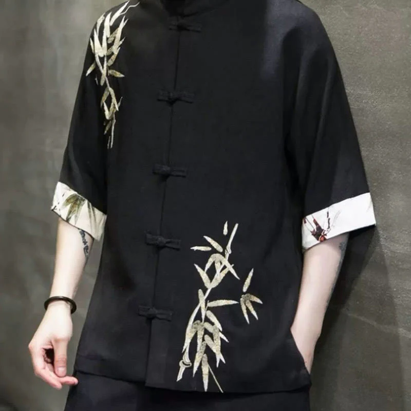 Buddha Stones Men's Frog-Button Bamboo Linen Half Sleeve Shirt