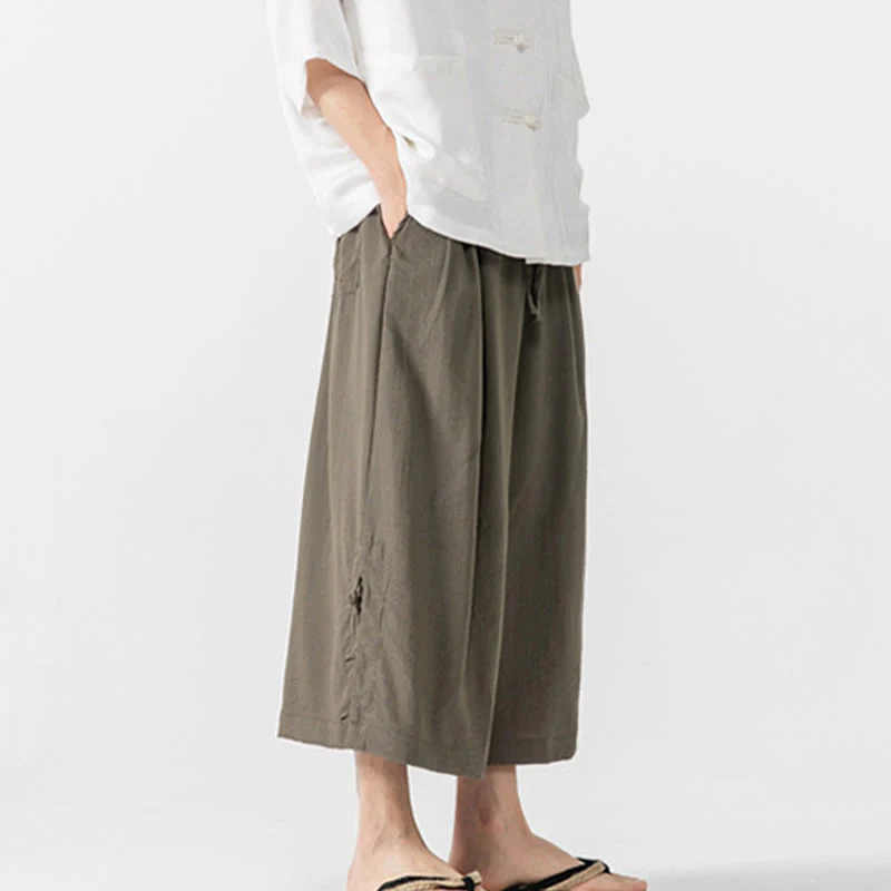 Buddha Stones Casual Loose Frog-Button Plain Men's Cotton 7-8 Length Wide Leg Pants With Pockets