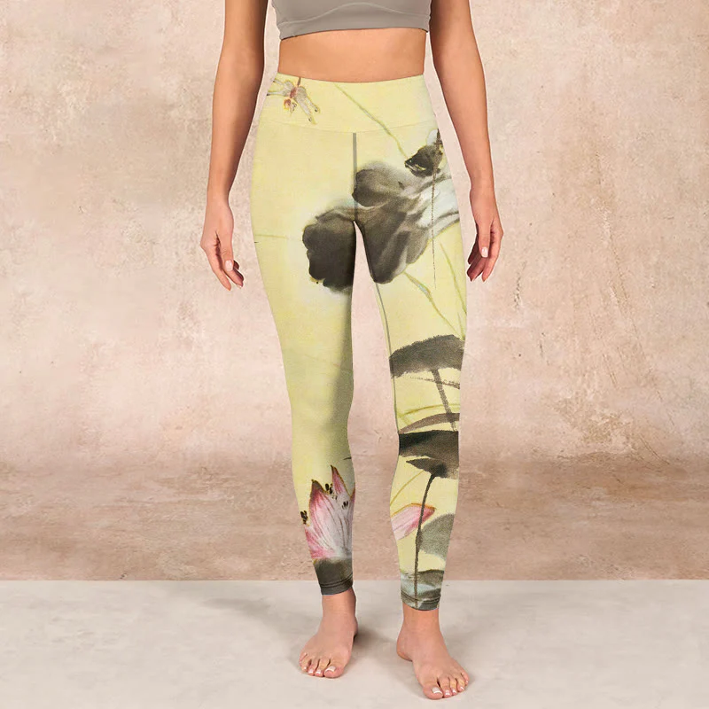 Buddha Stones Pink Blooming And Unbloomed Lotus Print Gym Leggings Women's Yoga Pants