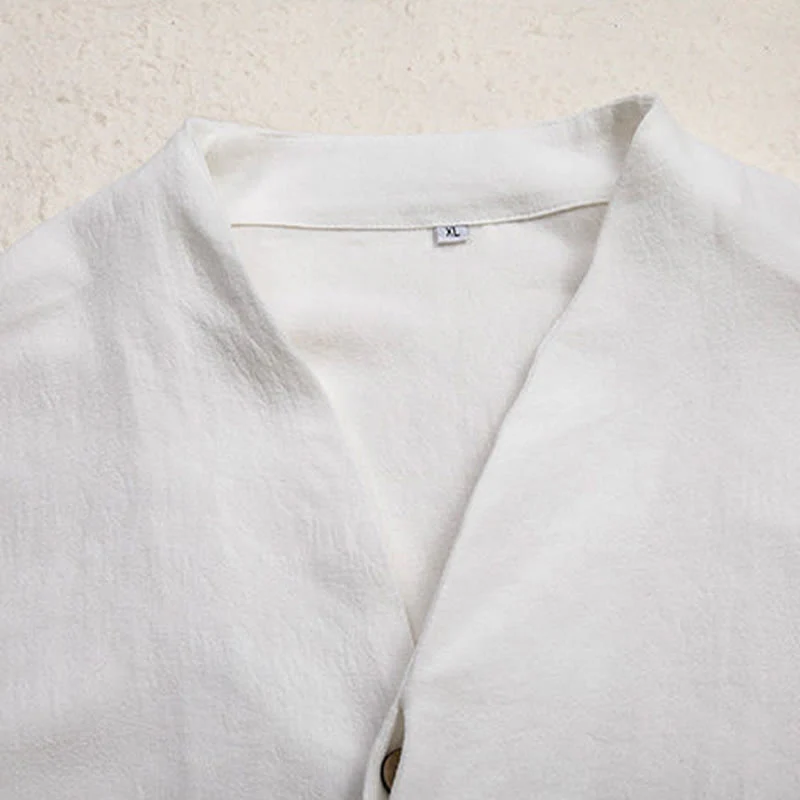 Buddha Stones V-Neck Men's Linen Long Sleeve Shirt Zen Clothing