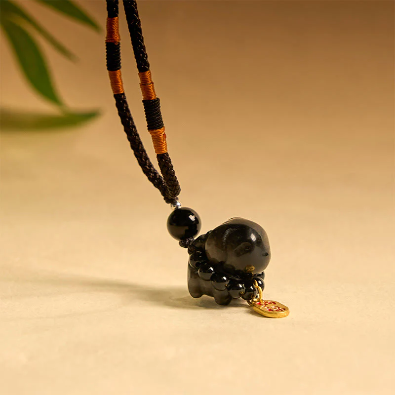 Buddha Stone Silver Sheen Obsidian Puppy Dog Fu Character Protection Necklace Phone Hanging Decoration