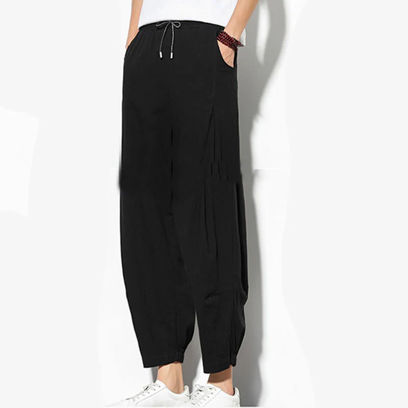 Buddha Stones Summer Men's 7-8 Length Cotton Linen Carrot Pants With Pockets