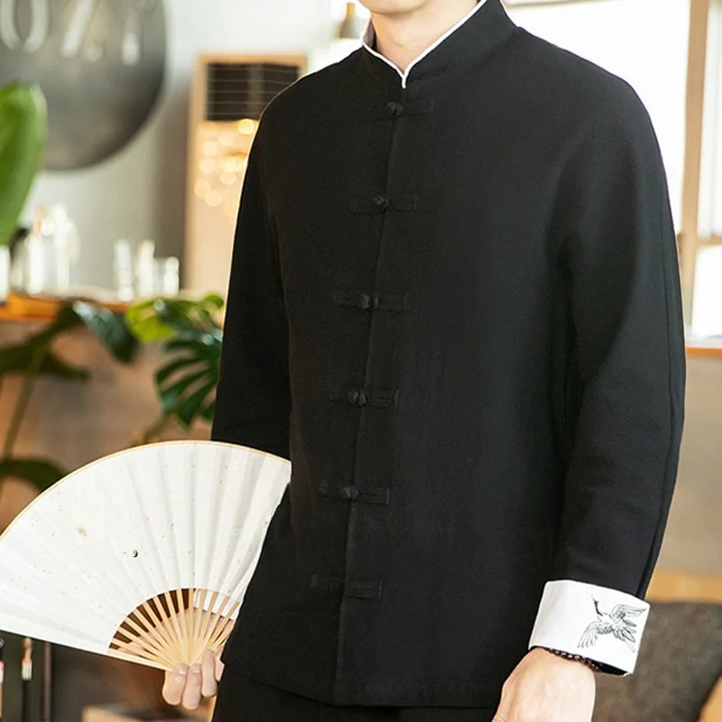 Buddha Stones Tang Suit Frog-Button Crane Embroidery Long Sleeve Cotton Men's Shirt