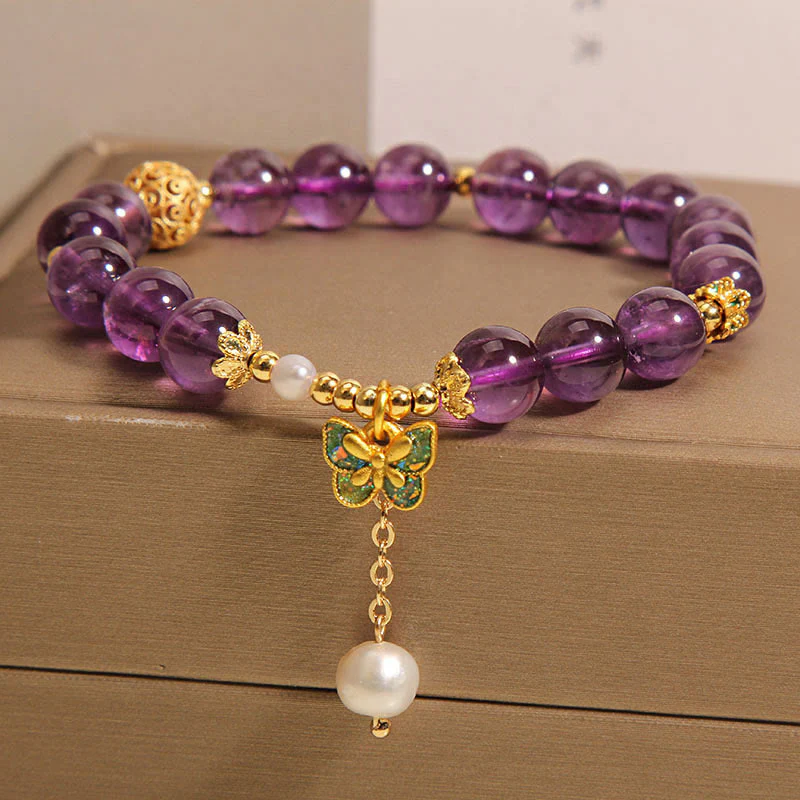Buddha Stones Natural Amethyst Amber Green Butterfly Healing Bracelet