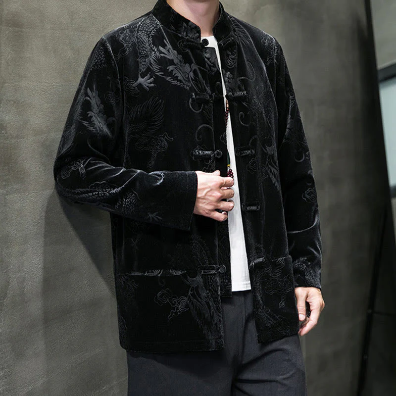 Buddha Stones Men's Frog-button Tang Suit Dragon Pattern Lisvelte Cotton Jacket Shirt With Pockets
