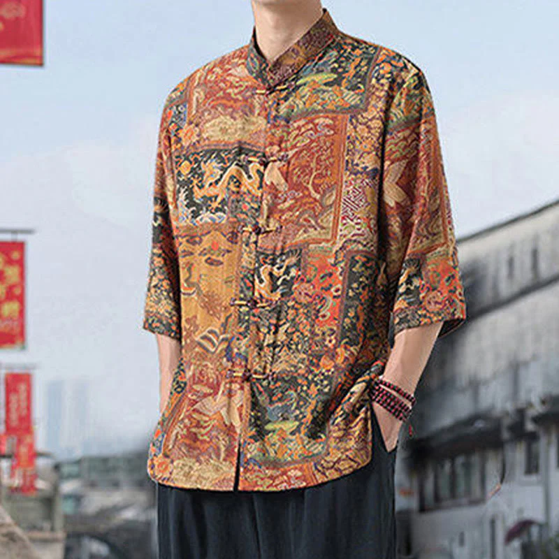 Buddha Stones Dragon Auspicious Clouds Green Mountains Chinese Frog-Button Men's Half Sleeve Cotton Linen Shirt