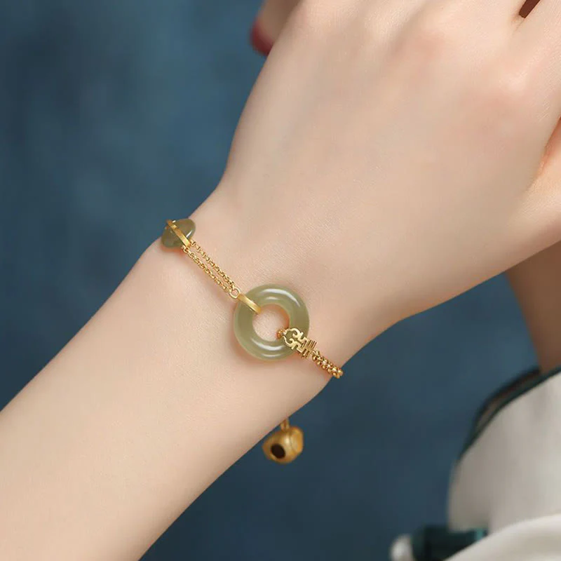 Buddha Stones Round Jade Peace Buckle Gourd Fu Character Auspicious Prosperity Chain Bracelet