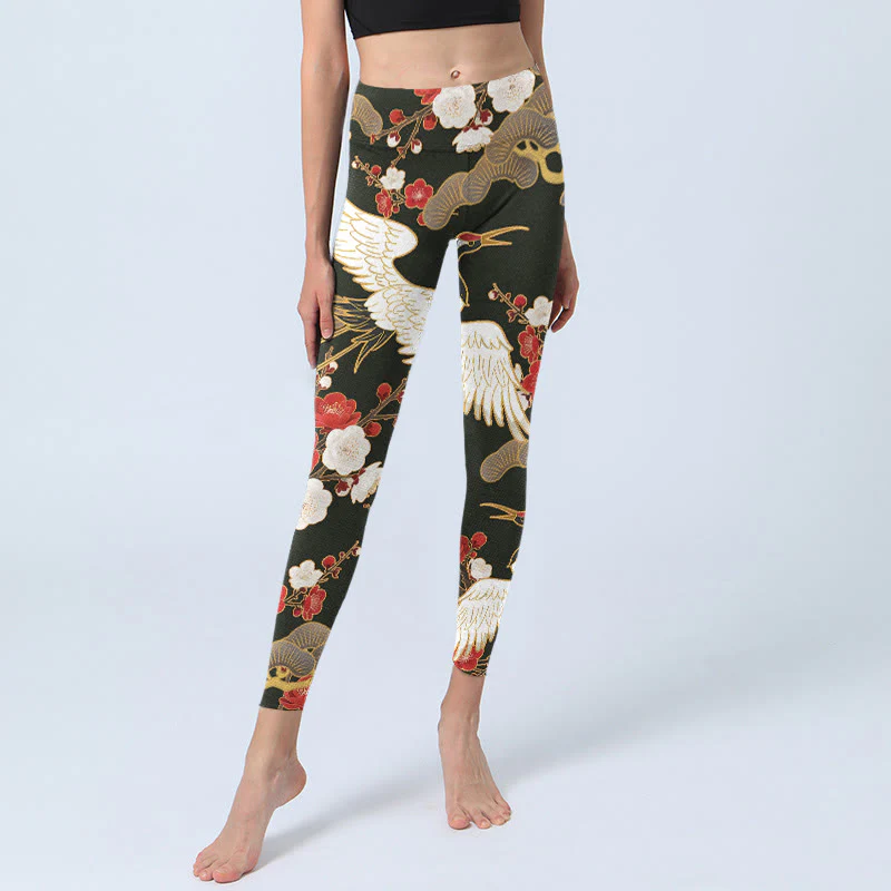 Buddha Stones Red Crowned Cranes Plum Blossoms Branches Pattern Print Gym Leggings Women's Yoga Pants