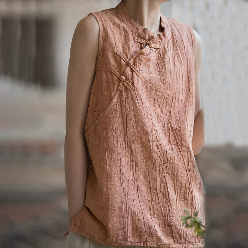 Buddha Stones Summer Tie-dye Frog-Button Ramie Cotton Sleeveless Women's Vest