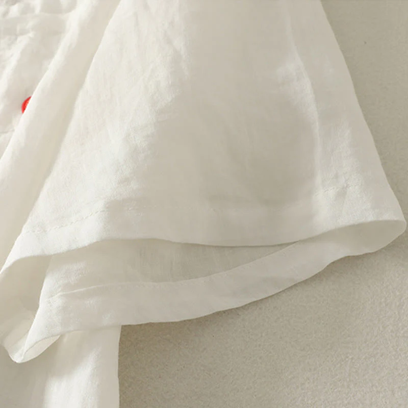 Buddha Stones Casual Embroidery Red Heart Short Sleeve Women's Cotton Linen T-Shirt