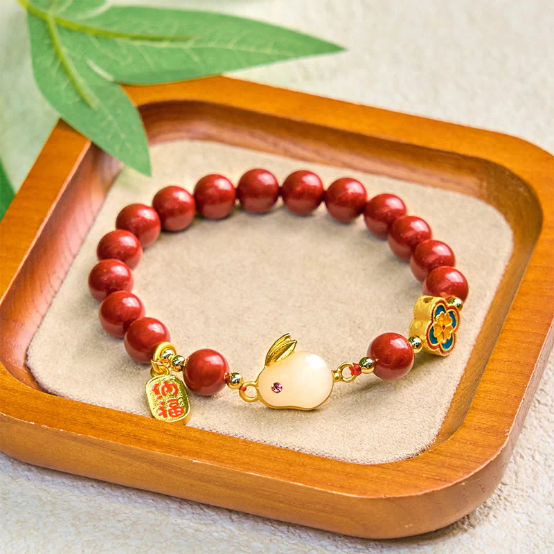 Buddha Stones Cinnabar Cute Rabbit Bunny Fu Character Calm Bracelet