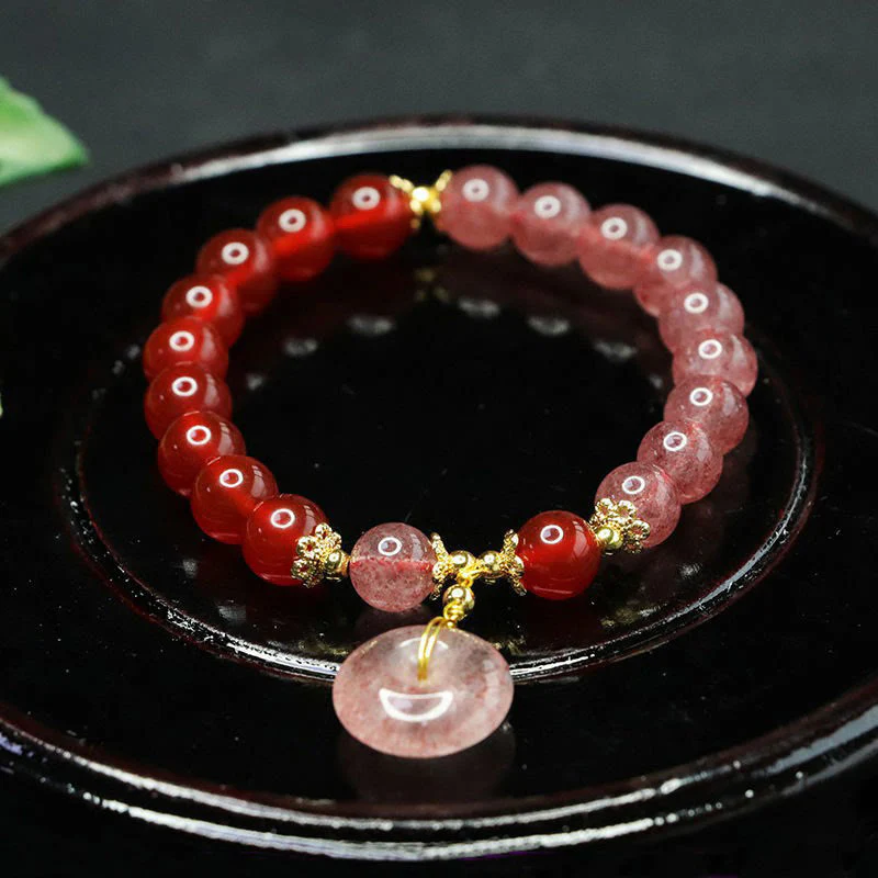 Buddha Stones Strawberry Quartz Red Agate Peace Buckle Positive Luck Bracelet