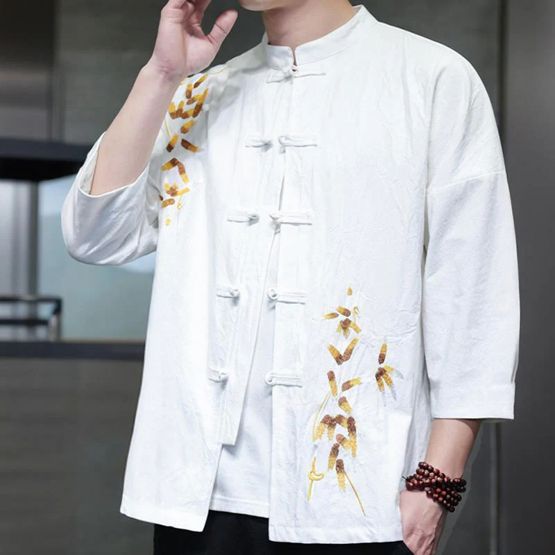 Buddha Stones Embroidery Men's  Chinese Frog-Button Three Quarter Sleeve Shirt Clothing