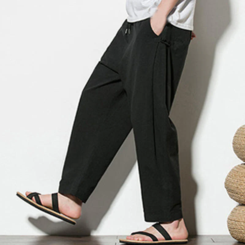 Buddha Stones Summer Side Frog-Button Design Men's Cotton Linen Pants With Pockets