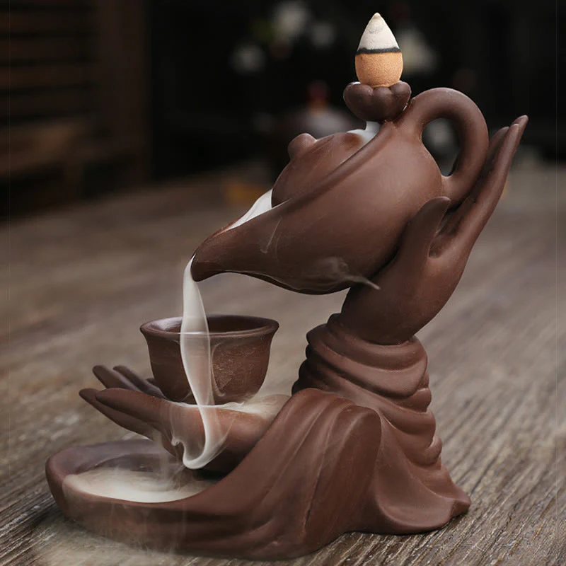 Buddha Stones Buddha Hand Holding Teapot Cup Ceramic Backflow Smoke Fountain Healing Incense Burner Decoration