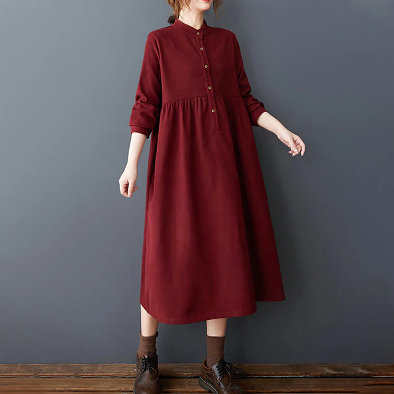 Buddha Stones Casual Plain Buttons Design Thermal Cotton Linen Midi Dress With Pockets