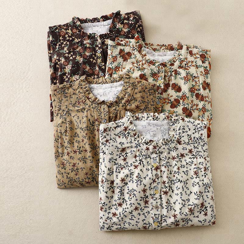 Buddha Stones Casual Florals Crew Neck Cotton Linen Women's Shirt