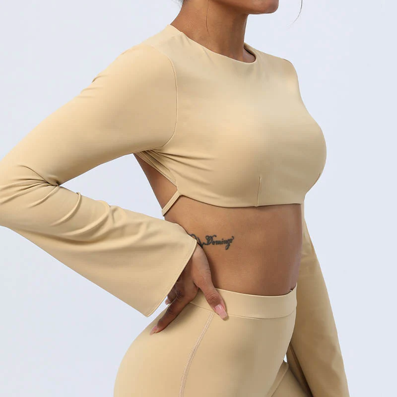 Buddha Stones Long Sleeve Backless Strap Top Bra Flare Pants Fitness Yoga Outfit