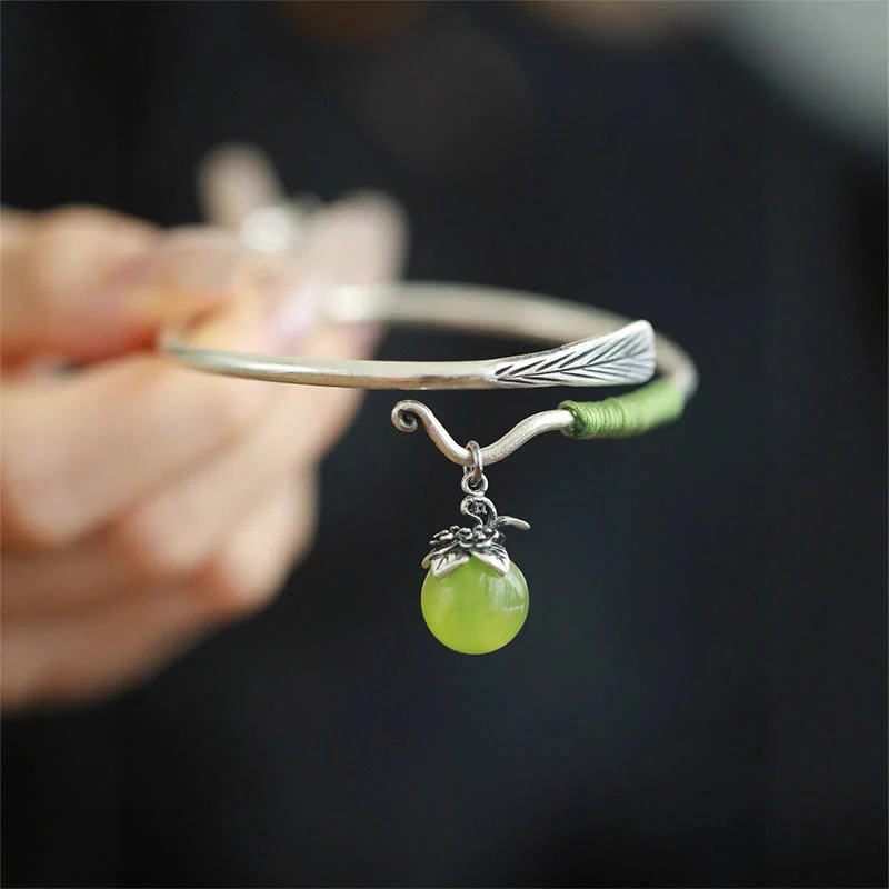 Buddha Stones Copper Alloy Green Bead Charm Luck Cuff Bracelet Bangle