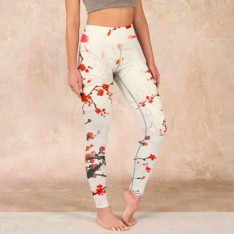 Buddha Stones Blooming Red Plum Blossoms Print Gym Leggings Women's Yoga Pants