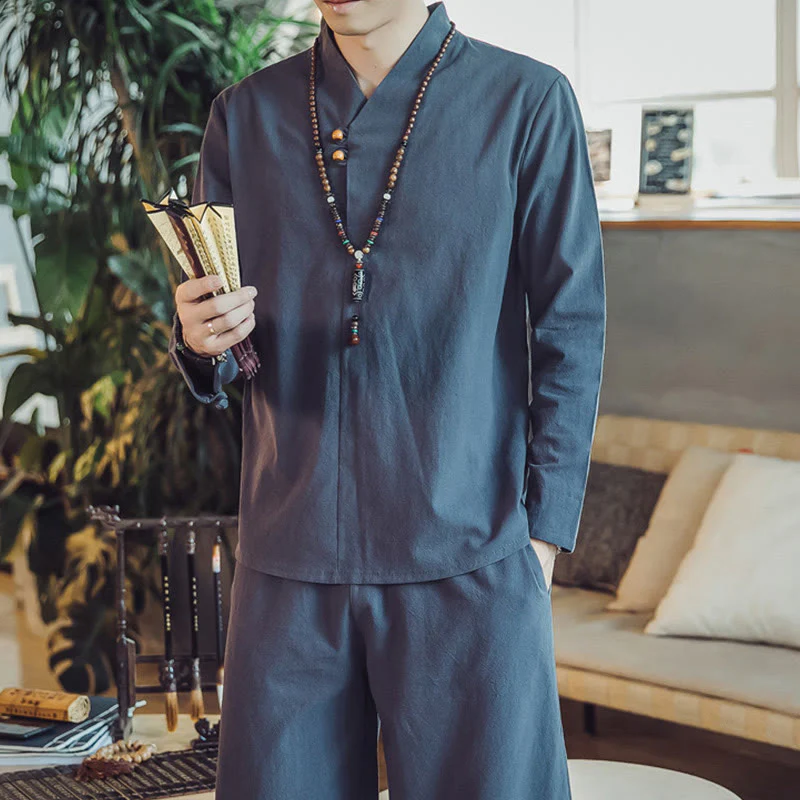 Buddha Stones 2Pcs Cotton Shirt Ankle-Length Pants With Pockets Men's Meditation Cloth Set