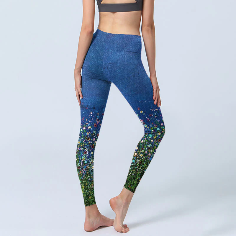 Buddha Stones Grass Flower Pattern Print Gym Leggings Women's Yoga Pants
