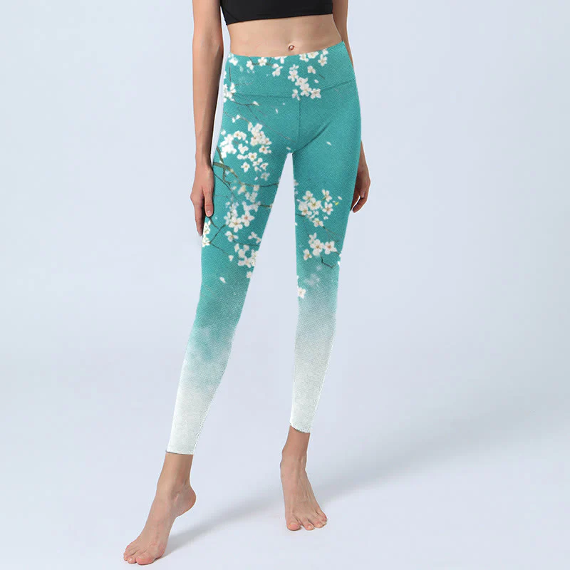 Buddha Stones White Pear Blossoms Print Gym Leggings Women's Yoga Pants