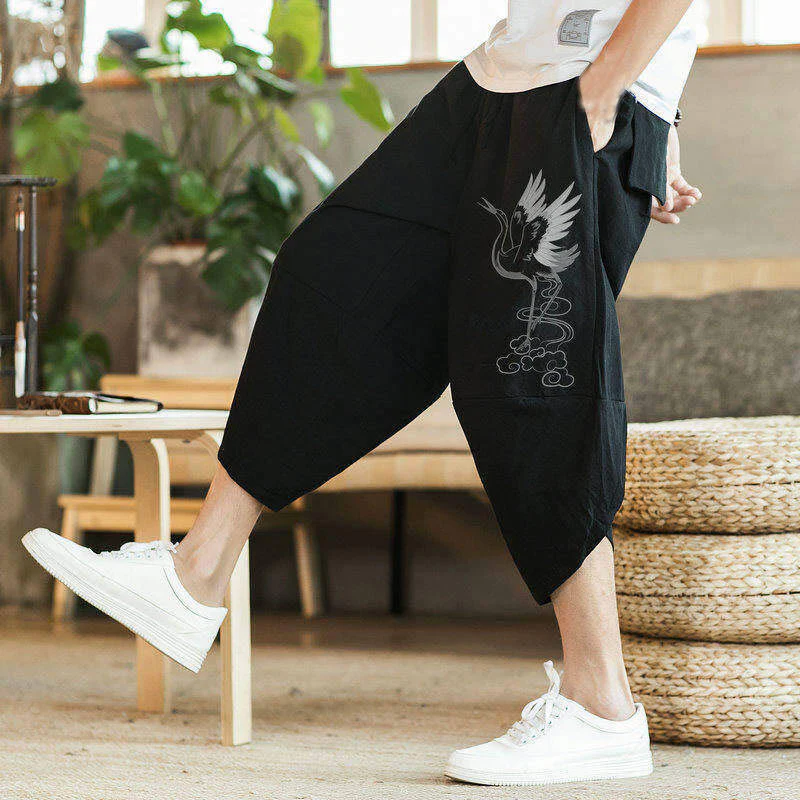 Buddha Stones White Crane Clouds Embroidery Cotton Linen Men's 7-8 Length Harem Pants With Pockets