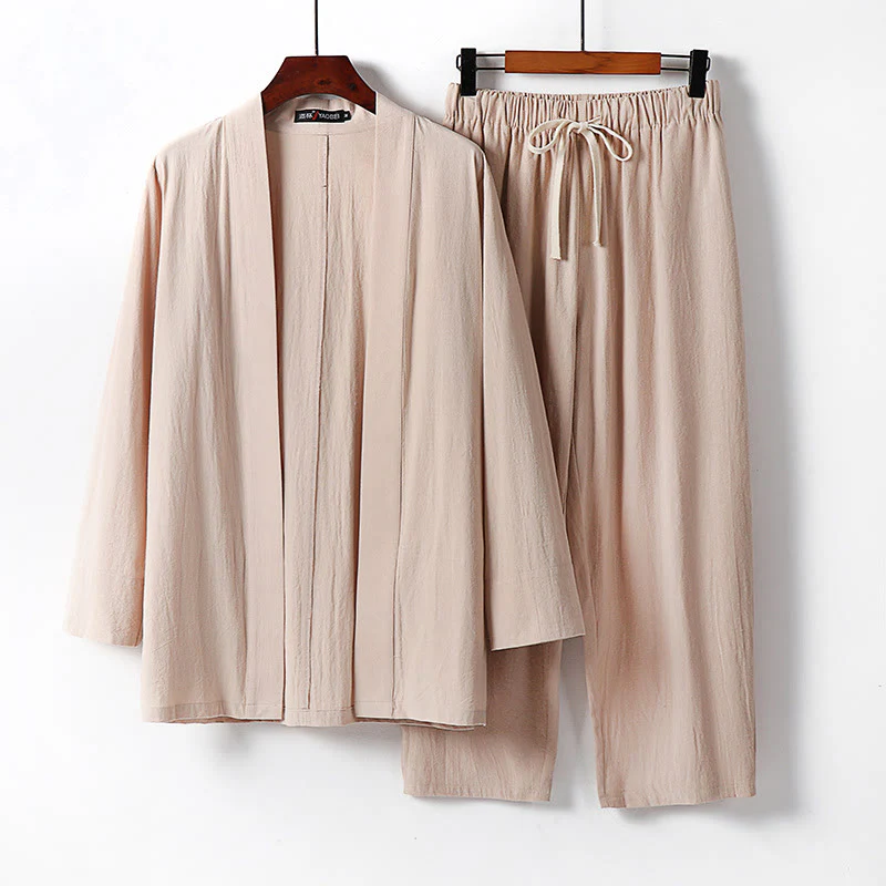Buddha Stones 2Pcs Cotton Kimono Ankle-Length Pants Men's Meditation Cloth Set