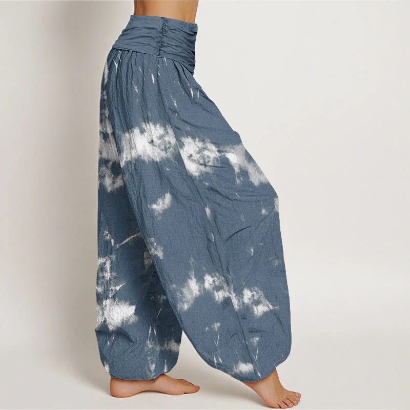 Buddha Stones White Lines Spots Tie-Dye Pattern Women's Elastic Waist Harem Pants