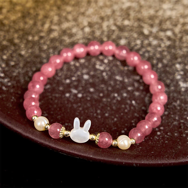 Buddha Stones Strawberry Quartz Pearl Cat Rabbit Healing Bracelet