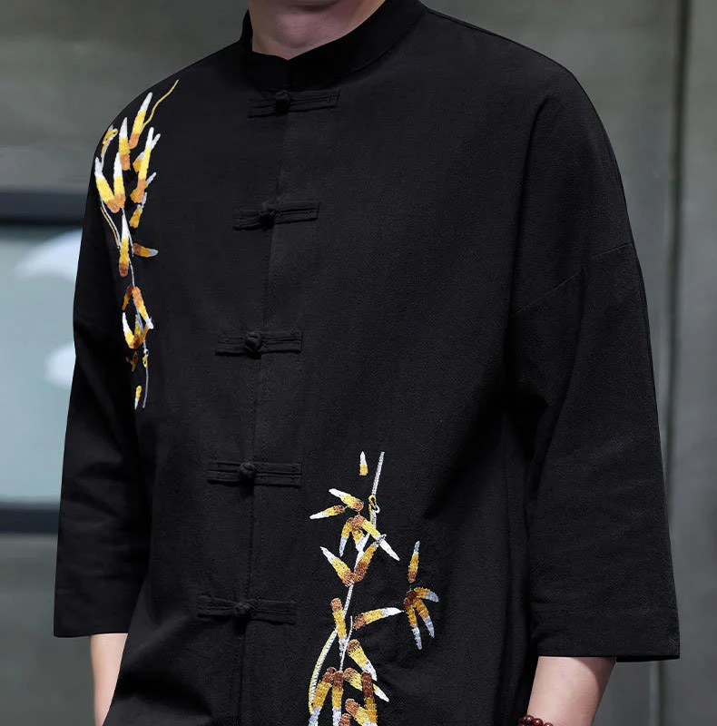 Buddha Stones Embroidery Men's  Chinese Frog-Button Three Quarter Sleeve Shirt Clothing