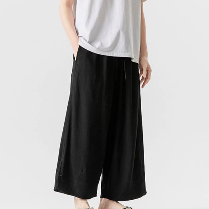 Buddha Stones Casual Loose Frog-Button Plain Men's Cotton Linen 7-8 Length Pants With Pockets