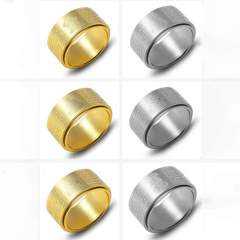 Buddha Stones Chinese Zodiac Natal Buddha Heart Sutra Carved Titanium Steel Calm Rotatable Ring