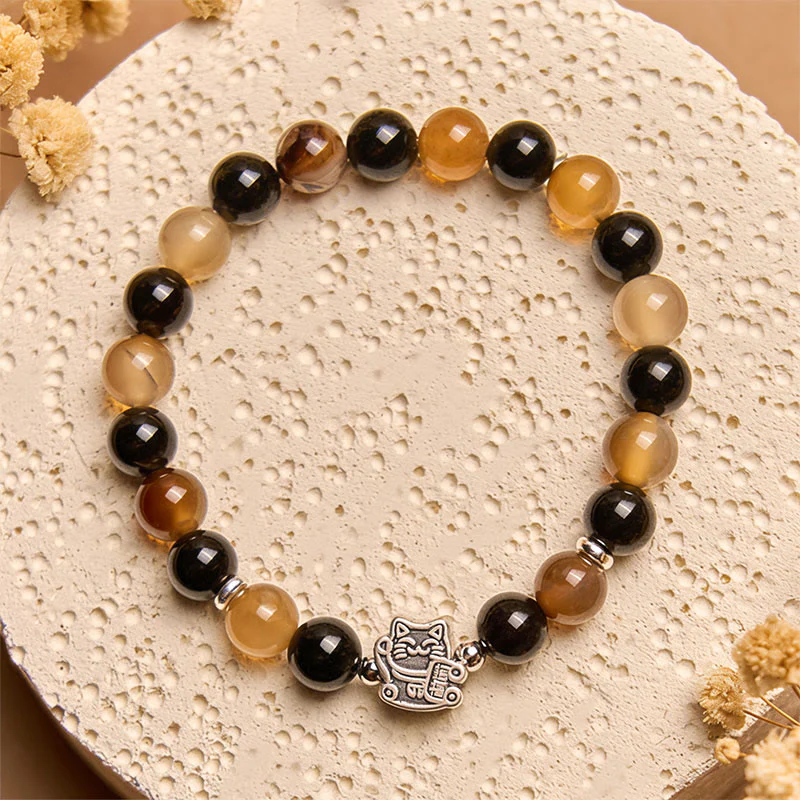 Buddha Stones 925 Sterling Silver Tortoiseshell Cat Light Brown Striped Agate Black Onyx Bracelet