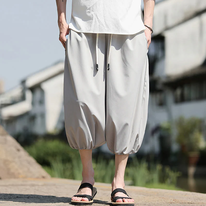 Buddha Stones Solid Drawstring Men's Capri Cropped Harem Pants With Pockets