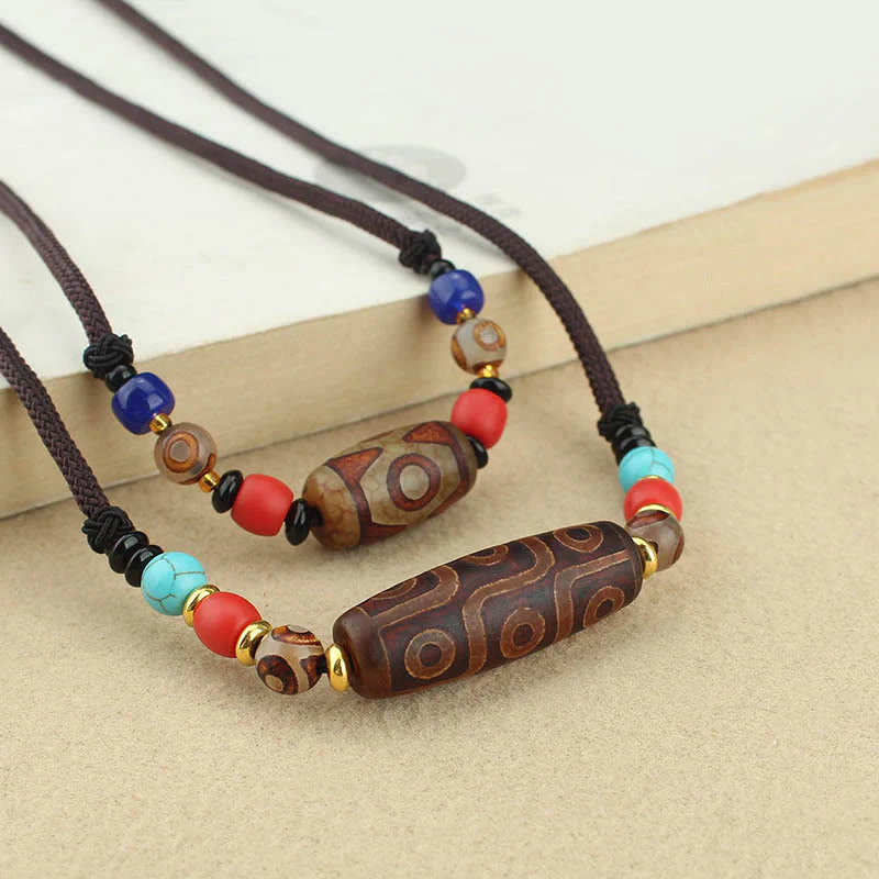 Buddha Stones Tibetan Nine-Eye Dzi Bead Three-eyed Dzi Bead Protection String Necklaces Pendant