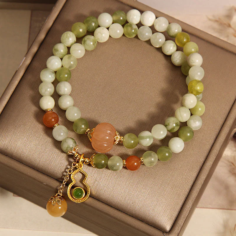 Buddha Stones Double Wrap Gourd Pumpkin Green Grape Serpentine Jade Luck Bracelet