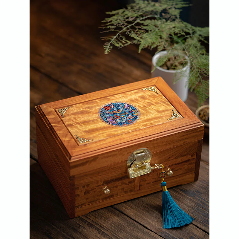 Buddha Stones Antique Handmade Rosewood Jewelry Storage Box Lockable Large Double Layer Flower Wooden Gift Organizer Box
