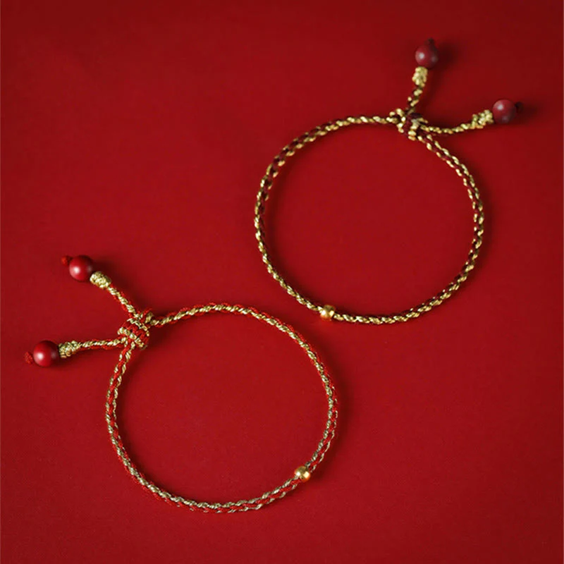 Buddha Stones Handmade 925 Sterling Silver Lotus Cinnabar Gold Bead Blessing Braid Bracelet